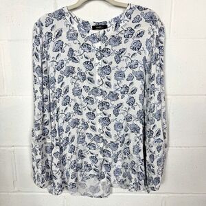 Angels Gauzy Peasant Top Blue Floral Button Up Lightweight Romantic BoHo SZ 1X